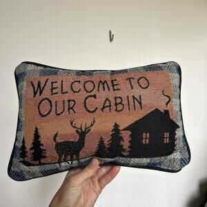 Bear Lodge Welcome To Our Cabin Mountain Deer Silhouette Tapestry Word Pillow